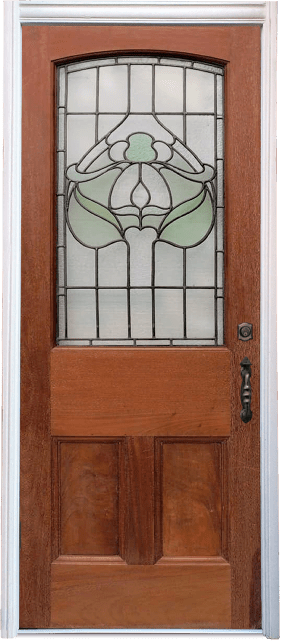 A wooden door with an Art Nouveau-style stained glass window.